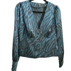J Crew Women's Black Green Zebra Print V Neck Blouse Size 6 Long Sleeve